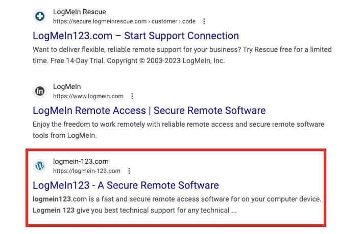 A screenshot of Google results for LogMeIn - the third entry is the malicious Lilac Lyrebird site.