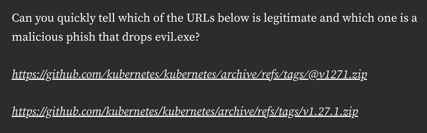 Two urls that look incredibly similar apart from the @ symbol in the first URL.