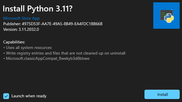 Microsoft Store App prompt asking to install Python 3.11