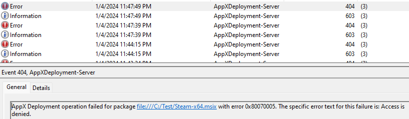 Screenshot of The Microsoft-Windows-AppXDeploymentServer/Operational log 