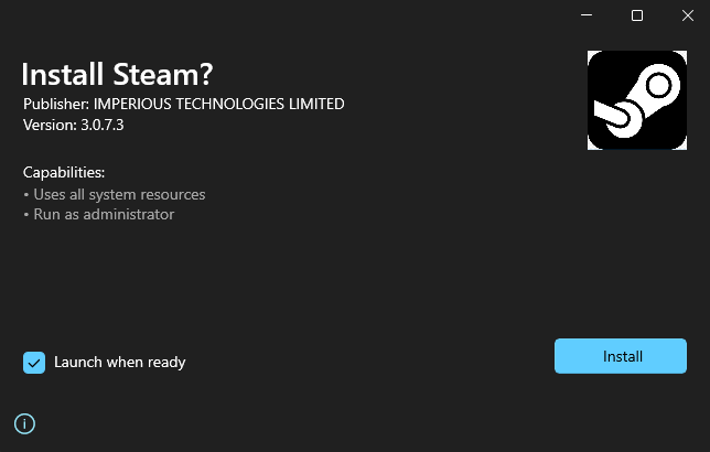 Screenshot of Microsoft Store app prompt asking to install Steam