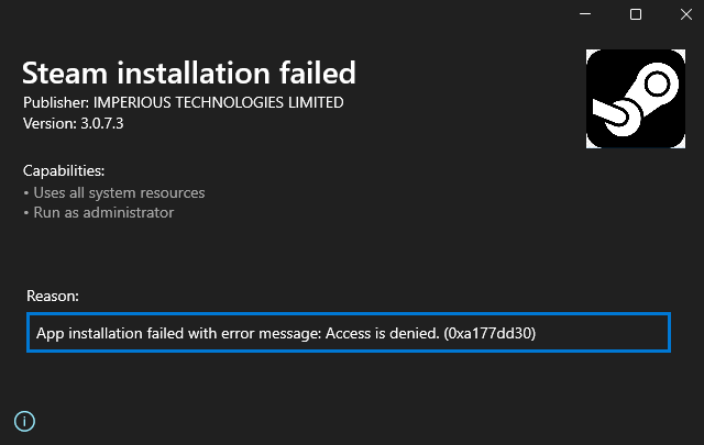 Screenshot depicting Steam installation failure with Access Denied error message 