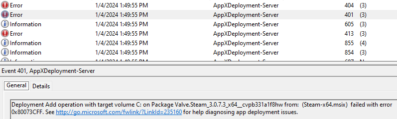 Screenshot of Microsoft-Windows-AppXDeploymentServer/Operational log