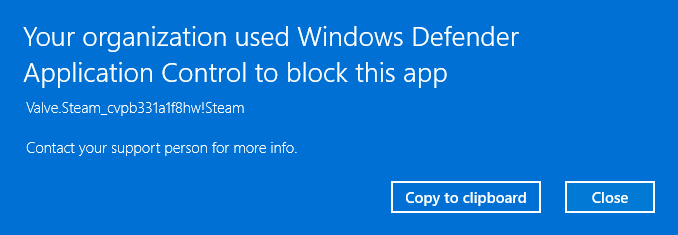 Windows Defender Application Control dialog box showing block
