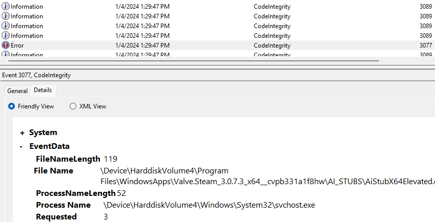 Screenshot of event ID 3077 in the Microsoft-Windows-CodeIntegrity/Operational log