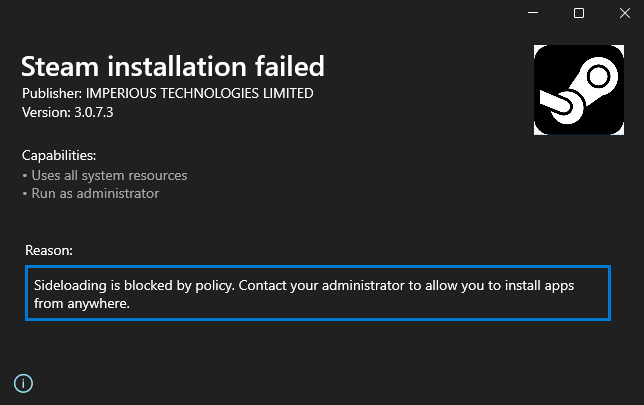 Screenshot depicting Steam installation failure due to sideloading