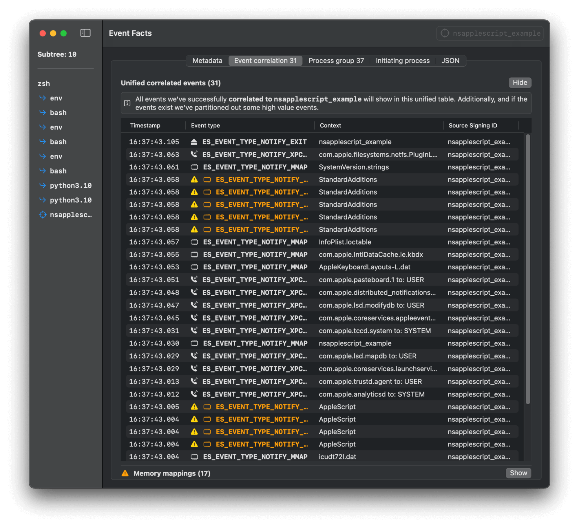 Mac Monitor screenshot of NSAppleScript event facts