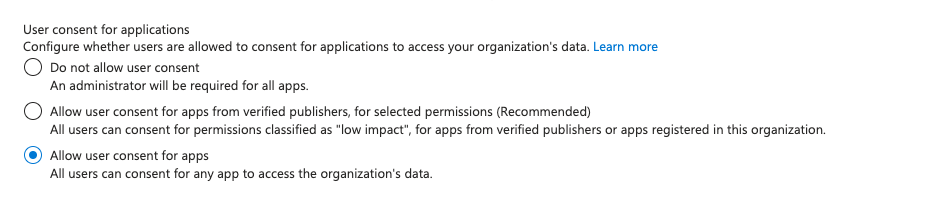 Screenshot for setting allowing user consent across applications in Entra ID