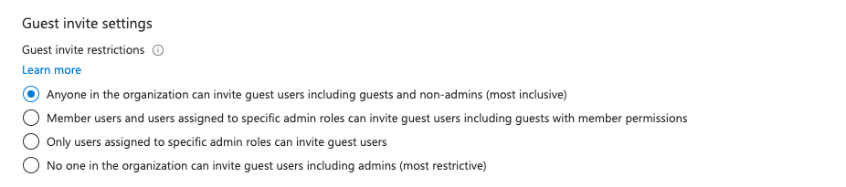 Screenshot of guest invite settings in Entra ID