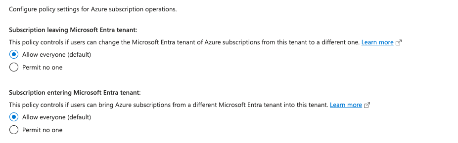Screenshot of Azure subscription policy settings in Entra ID