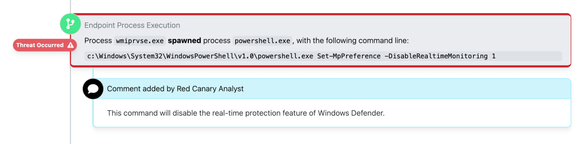 Screenshot showing detection of wmiprvse.exe spawning PowerShell to disable Windows Defender 