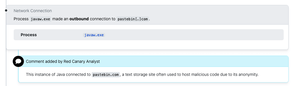 Detection screenshot of javaw.exe making a network connection to Pastebin