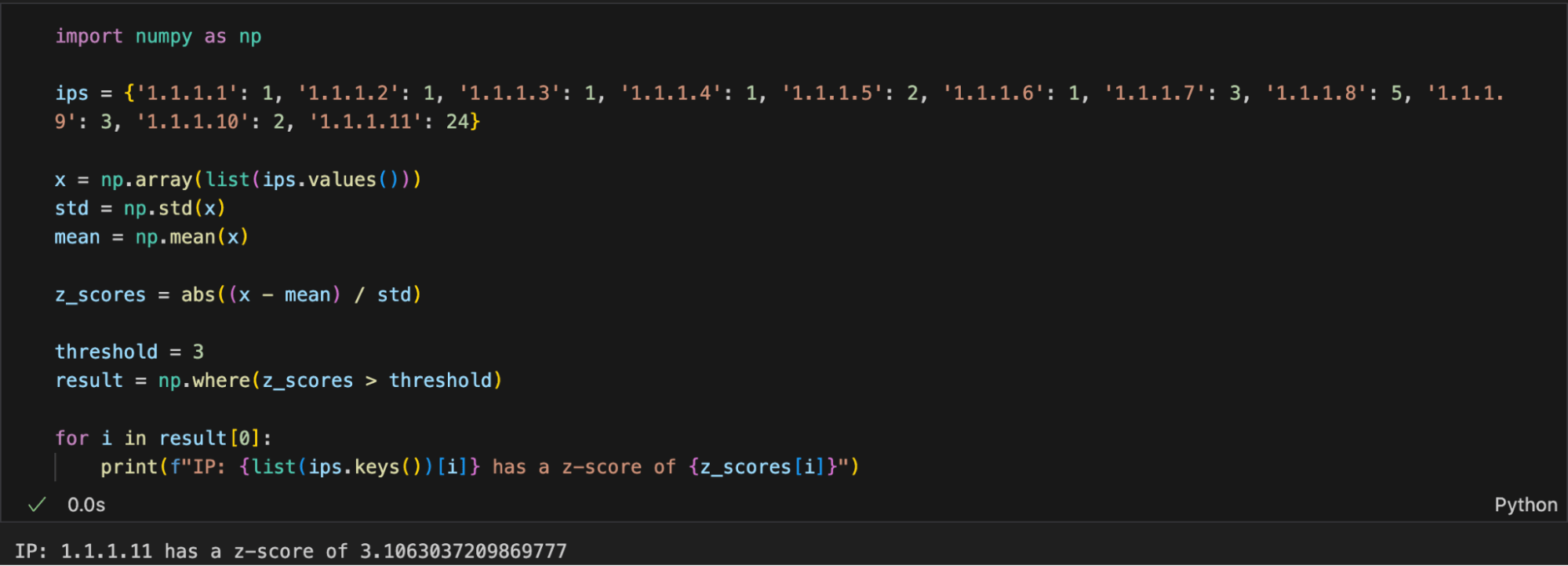 Snippet of Python script using Z-scores to detect deviations in IP addresses