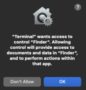 Terminal prompt asking for control of Finder