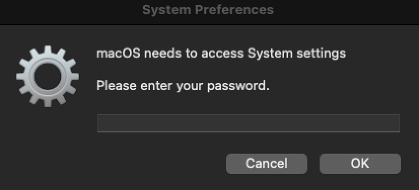 Password prompt for macOS to access System settings