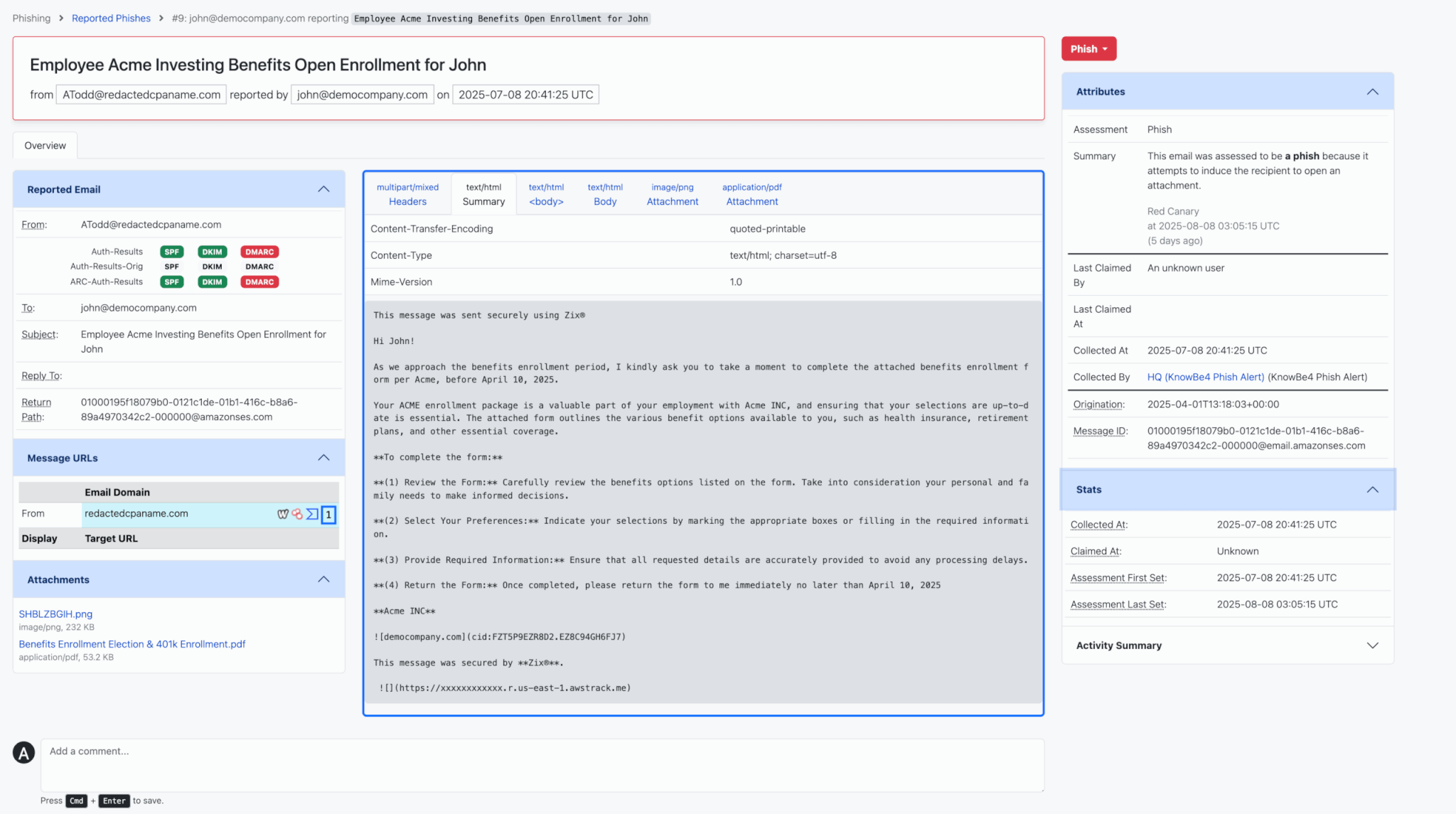 Reported phishing email screenshot
