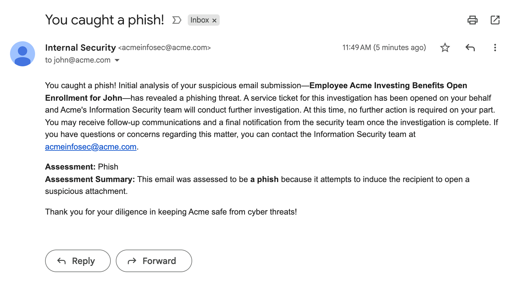 Reported phishing automatic feedback screenshot
