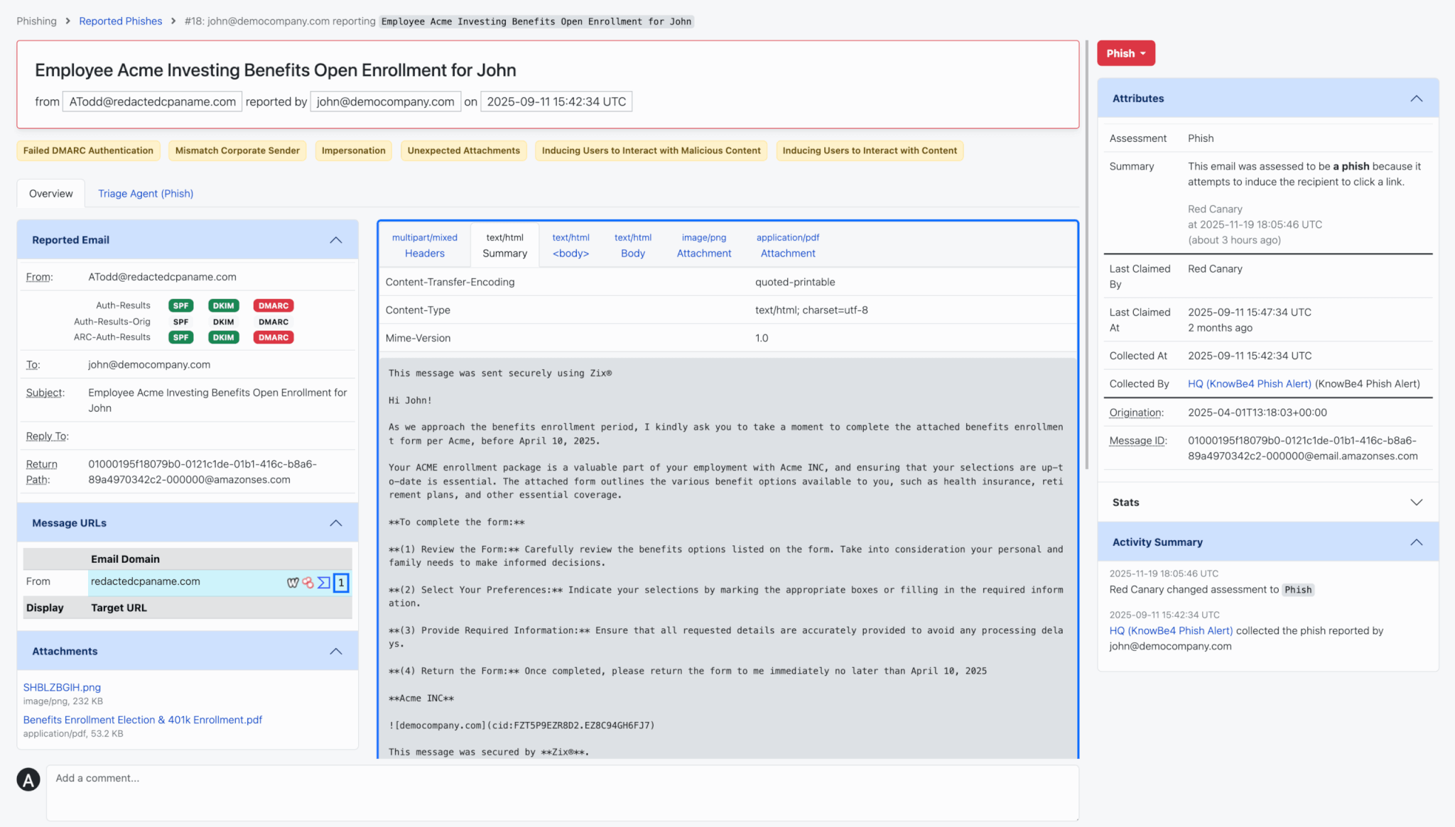 Reported phishing email screenshot