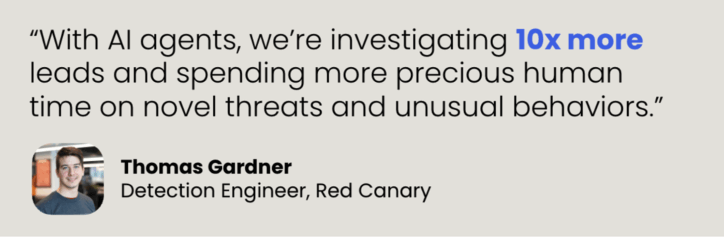 Quote from a Red Canary detection engineer: "With AI agents, we're investigation 10x more leads and spending more precious human time on novel threats and unusual behaviors"
