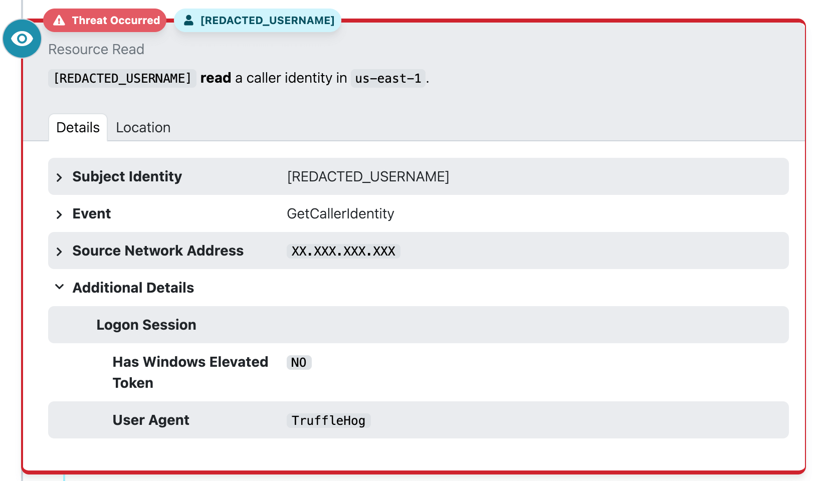 detection of a TruffleHog user agent executing the GetCallerIdentity AWS API call.