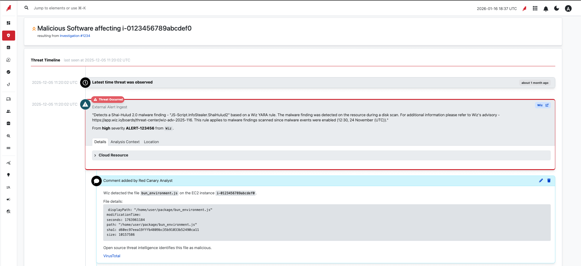Screenshot of threat investigation in the Red Canary Portal