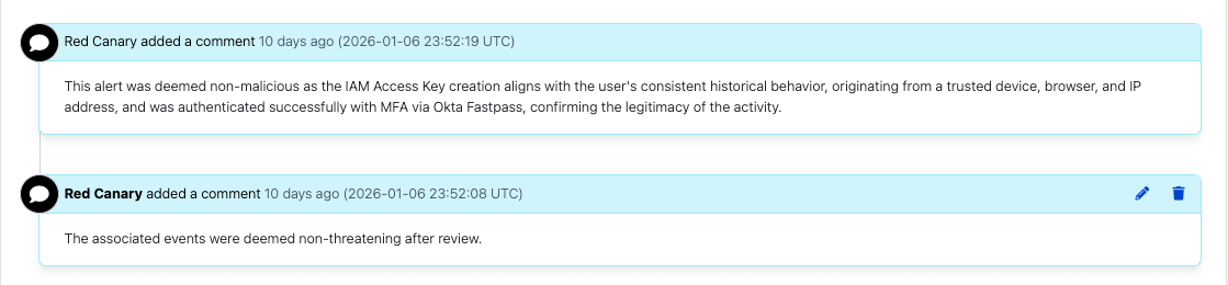 Comment with additional threat context in the Red Canary portal