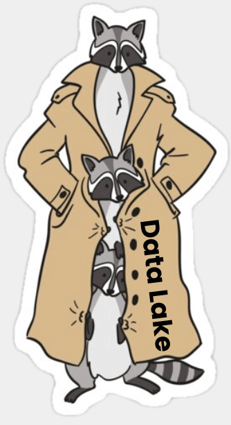 Three cartoon raccoons in a trench coat pretending to be a data lake