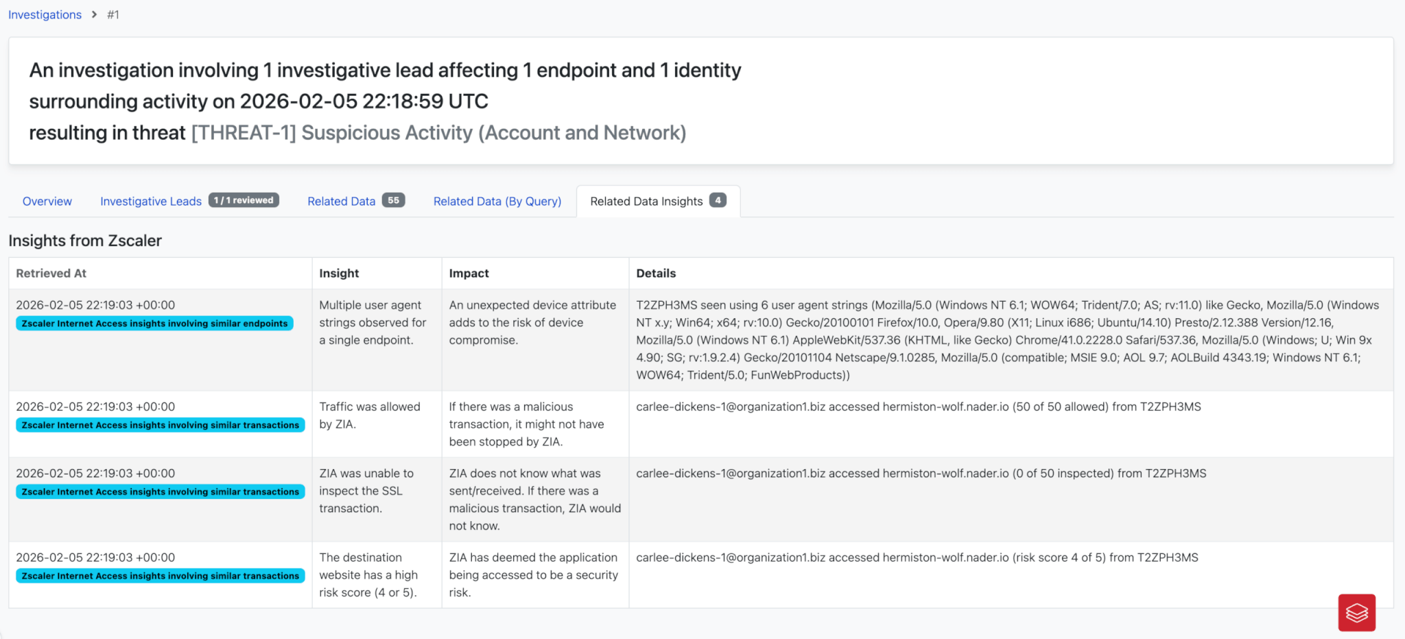 Screenshot of how investigation insights look in the tool