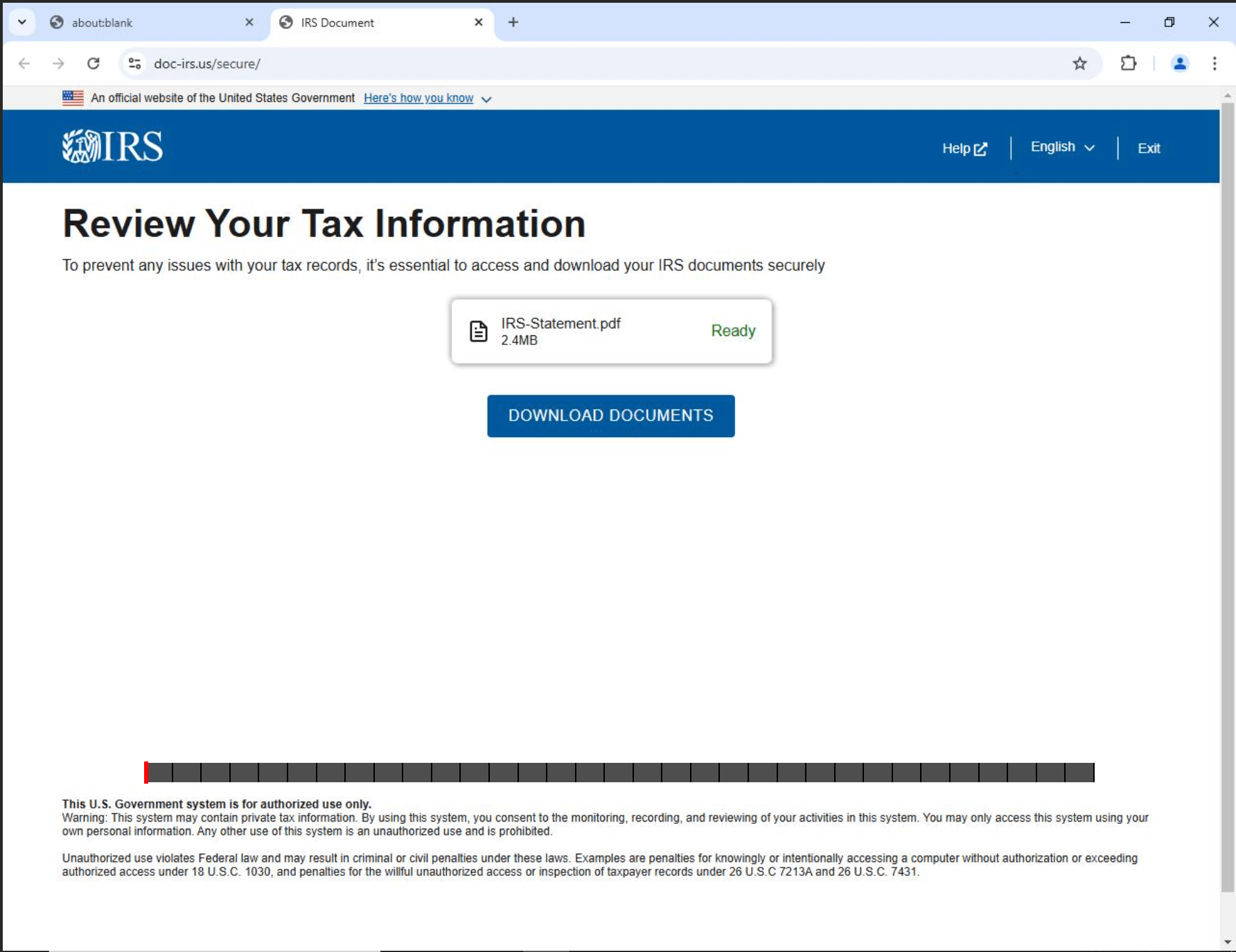 IRS phishing page