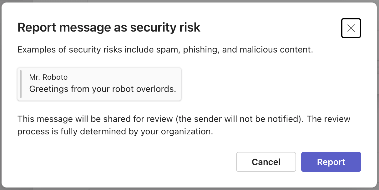 Teams dialog box for reporting a suspicious message