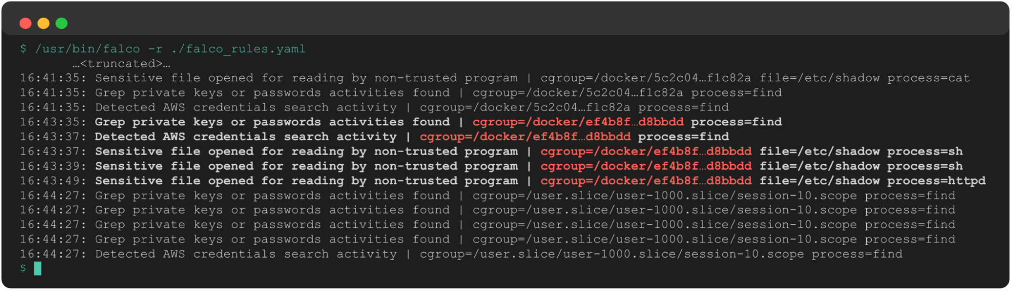 Falco logs showing AWS credential search