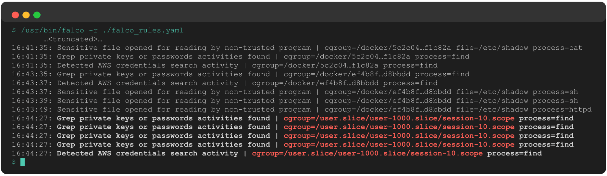 Falco logs showing search for private keys or password activities